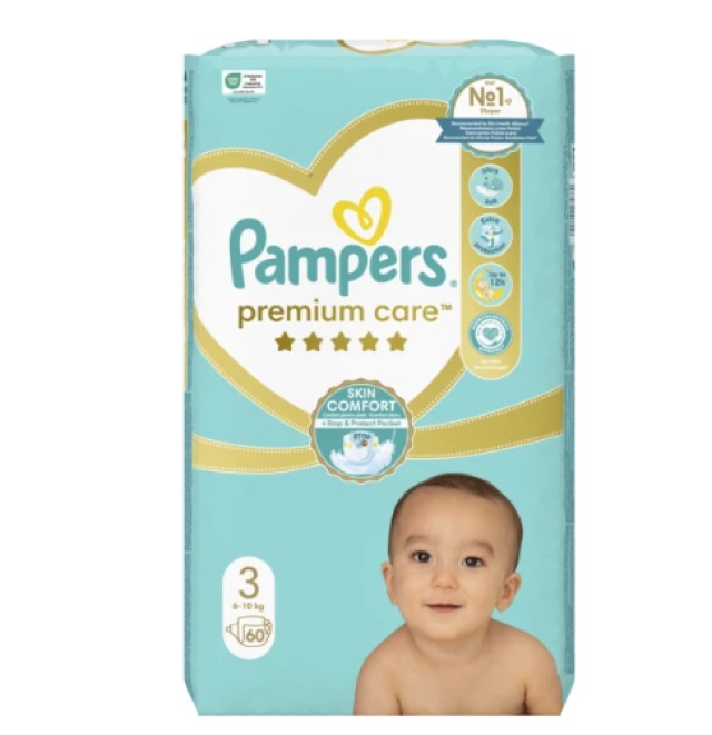 Pampers Premium Care Jumbo Pack No.3 (Midi) 6-10 kg Βρεφικές Πάνες, 60 τεμάχια